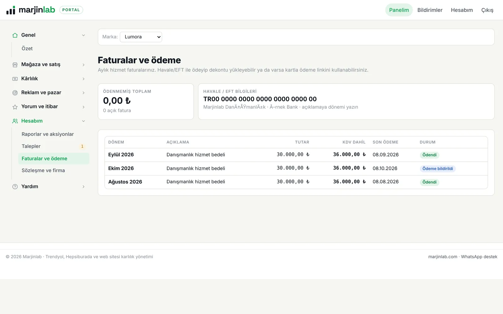 Marjinlab portalı: Faturalar ve ödeme ekranı (demo marka)
