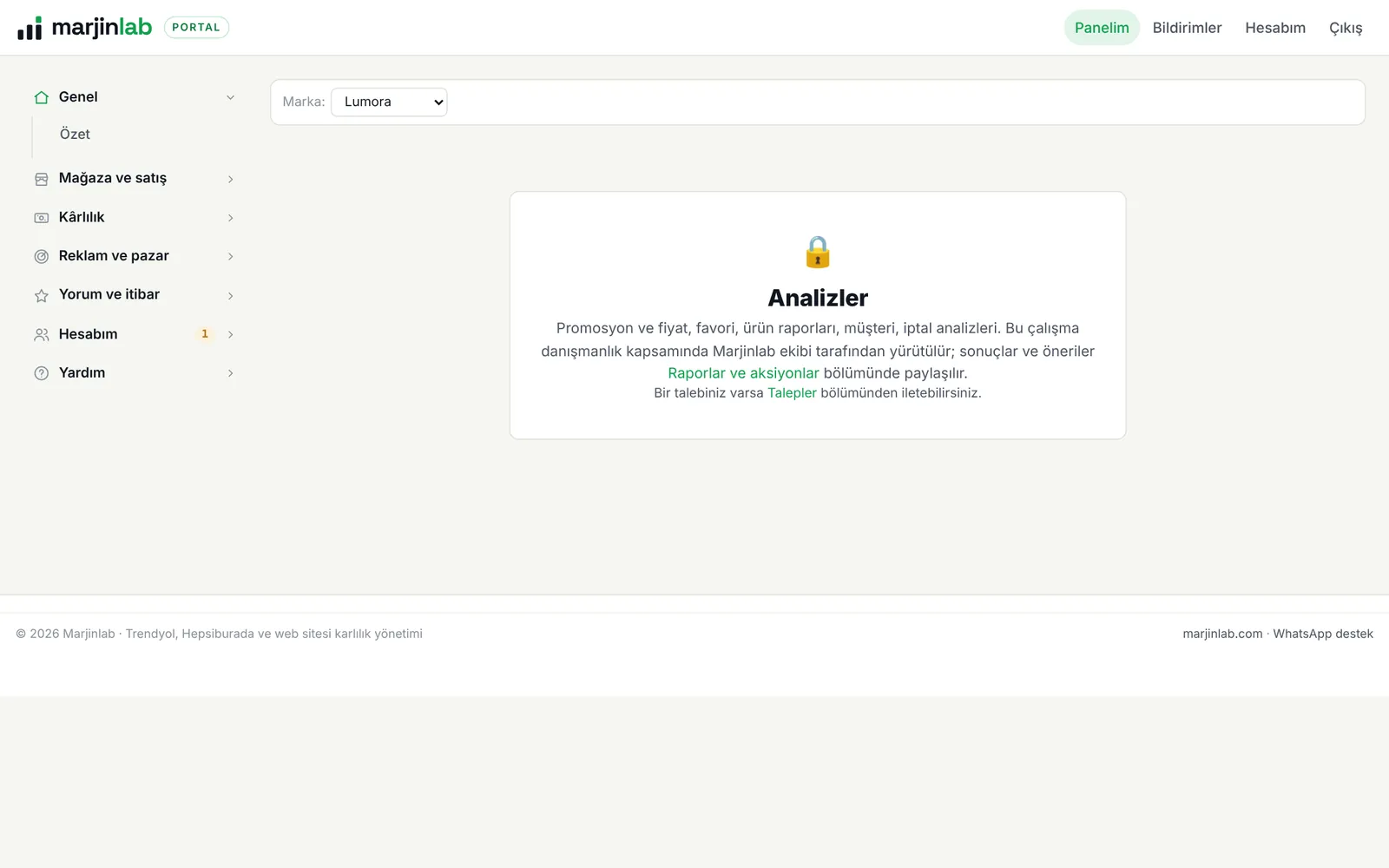Marjinlab portalı: Fiyat ve promosyon analizi ekranı (demo marka)