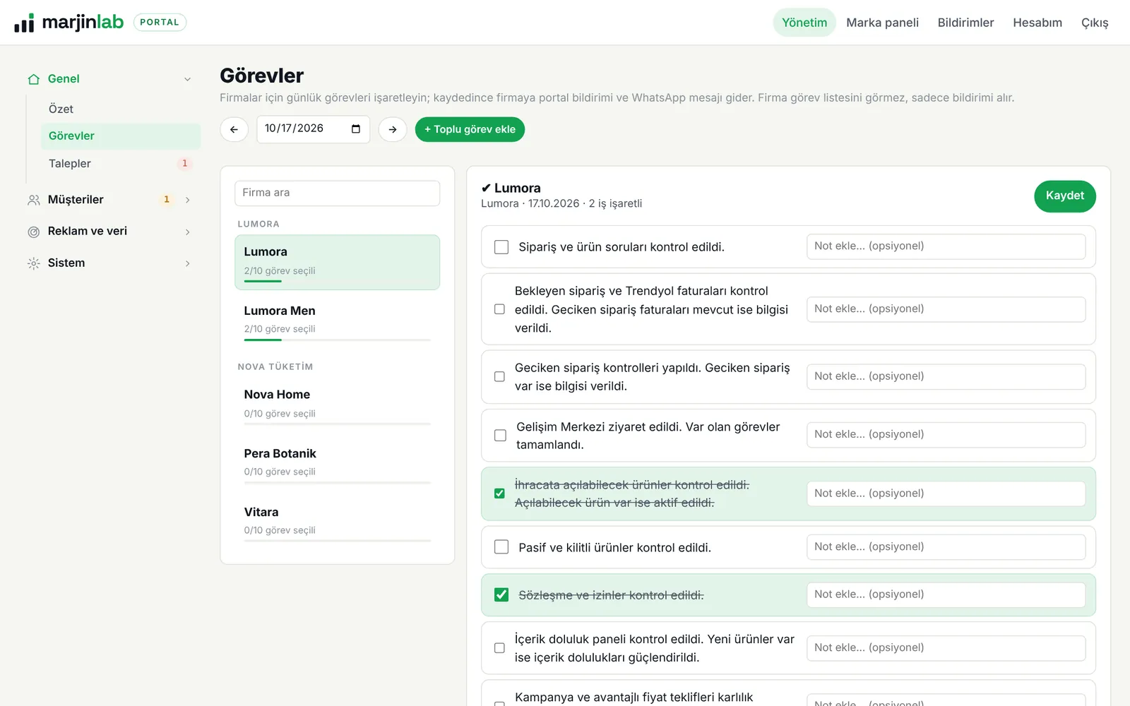 Marjinlab portalı: Günlük kontroller ekranı (demo marka)