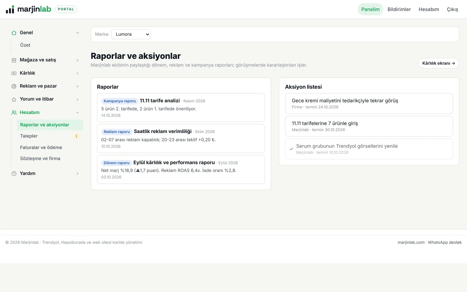 Marjinlab portalı: Raporlar ve talepler ekranı (demo marka)